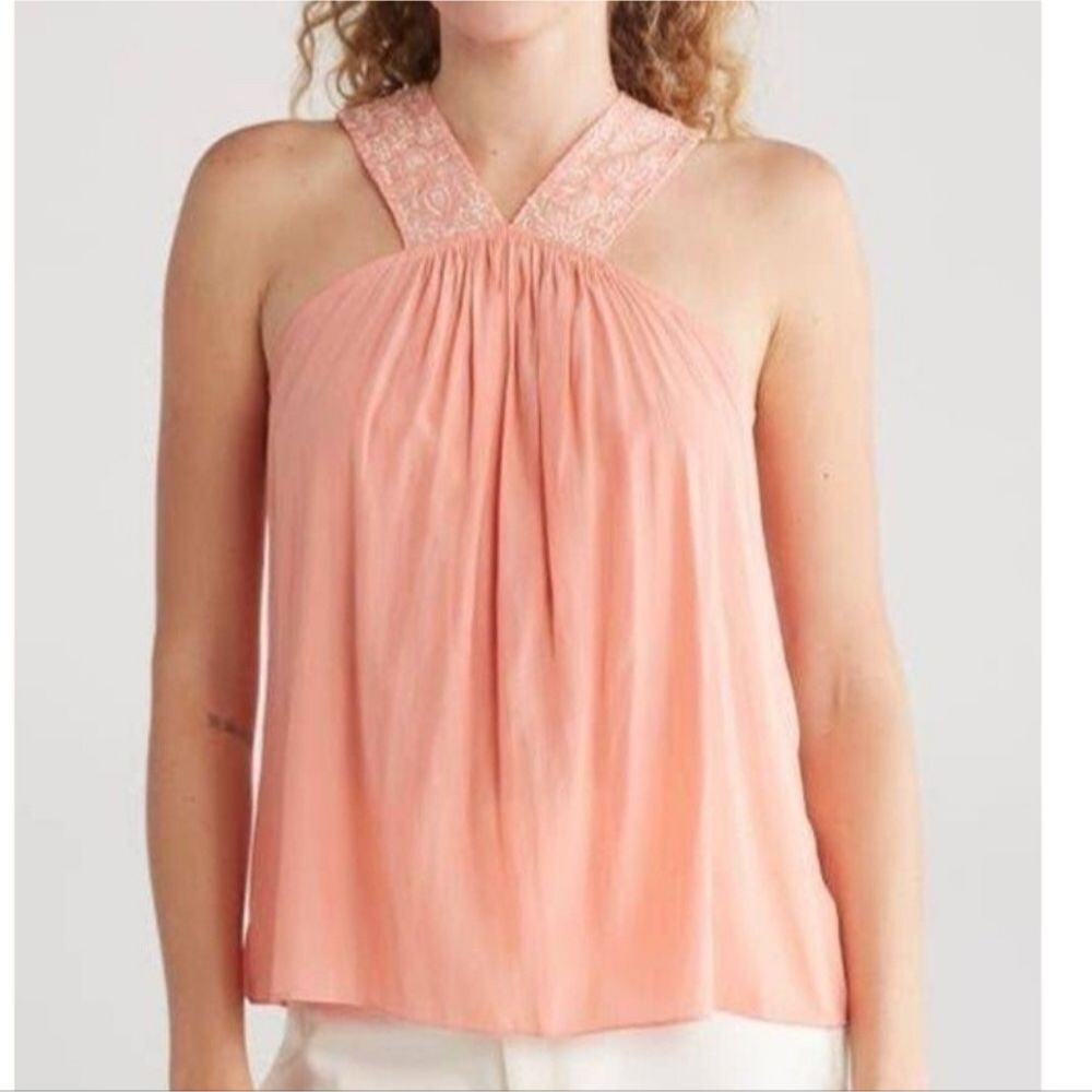 Ramy Brook Peach Embroidered Strap Draped Sleeveless Blouse Size Large
